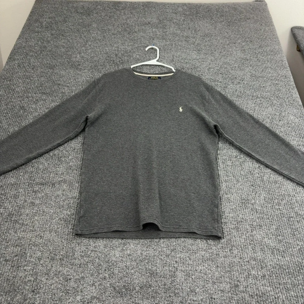 Polo Ralph Lauren Shirt Mens L Grey Cotton Waffle Knit Thermal Crewneck Casual